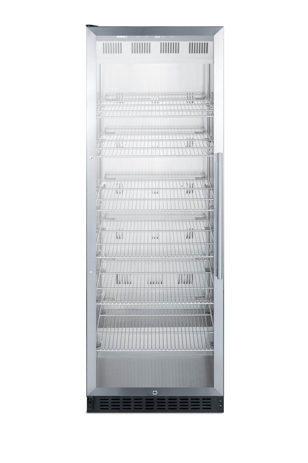 Full-size commercial beverage center with stainless steel interior, self-closing glass door, self-closing glass door with a left hand swing, and stainless steel wrapped cabinet
